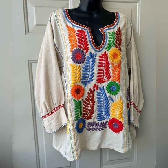 Sister Mary Gloria Tunic Top Rainbow Floral Embroidery Linen Size Medium - Picture 4 of 14